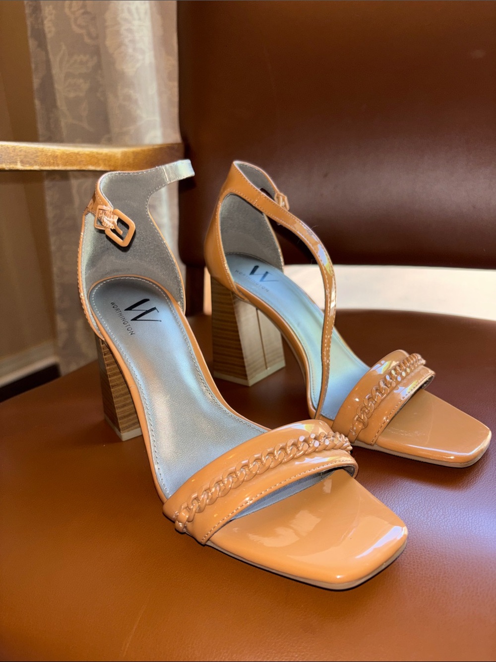 Worthington Tan Patent Block Heel Sandals with Chain Detail